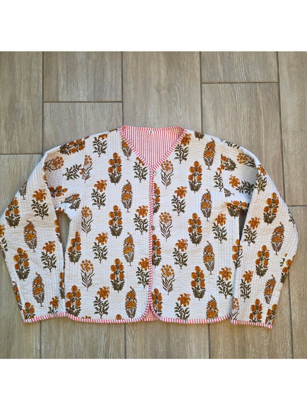 Kantha Quilted Jacket Womens M Floral Cotton Boho Artisan Coat